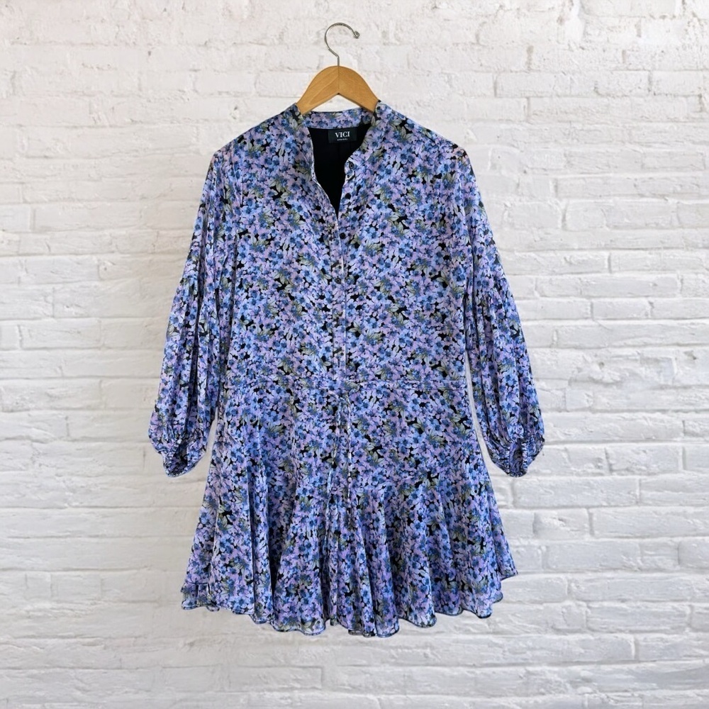 VICI Floral Mini Ruffle Dress XS Blue Pink Casual Cottagecore Summer Boho Ditsy - Picture 2 of 12